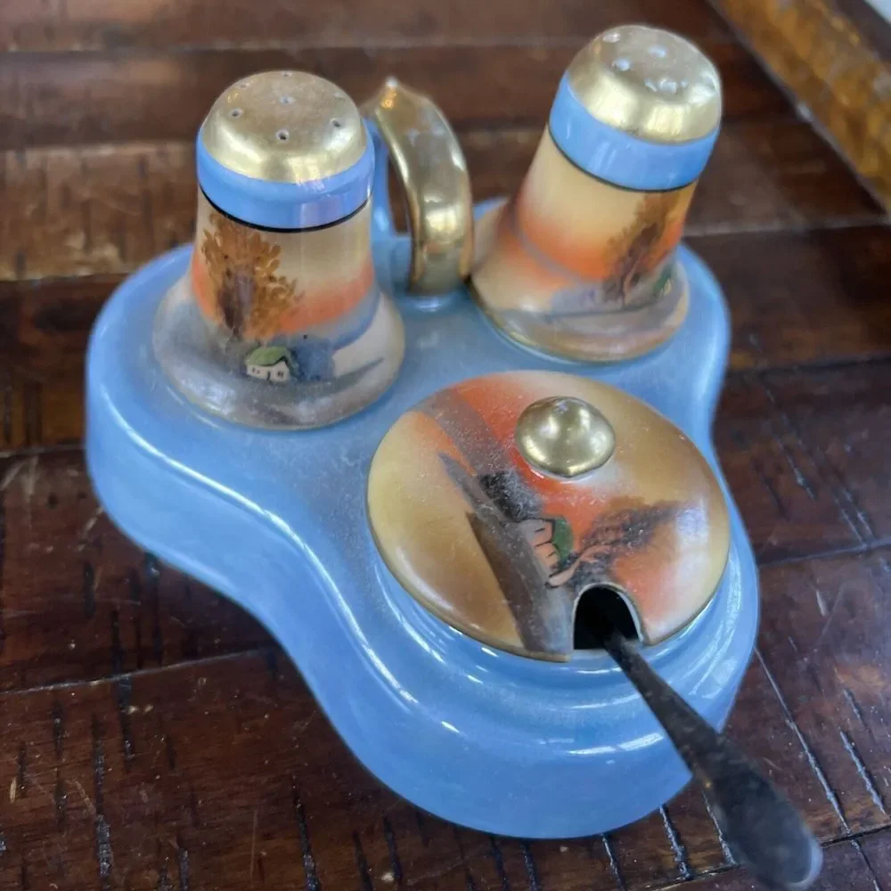 Vintage Lusterware Condiment Set Salt Pepper‎ Mustard Japan